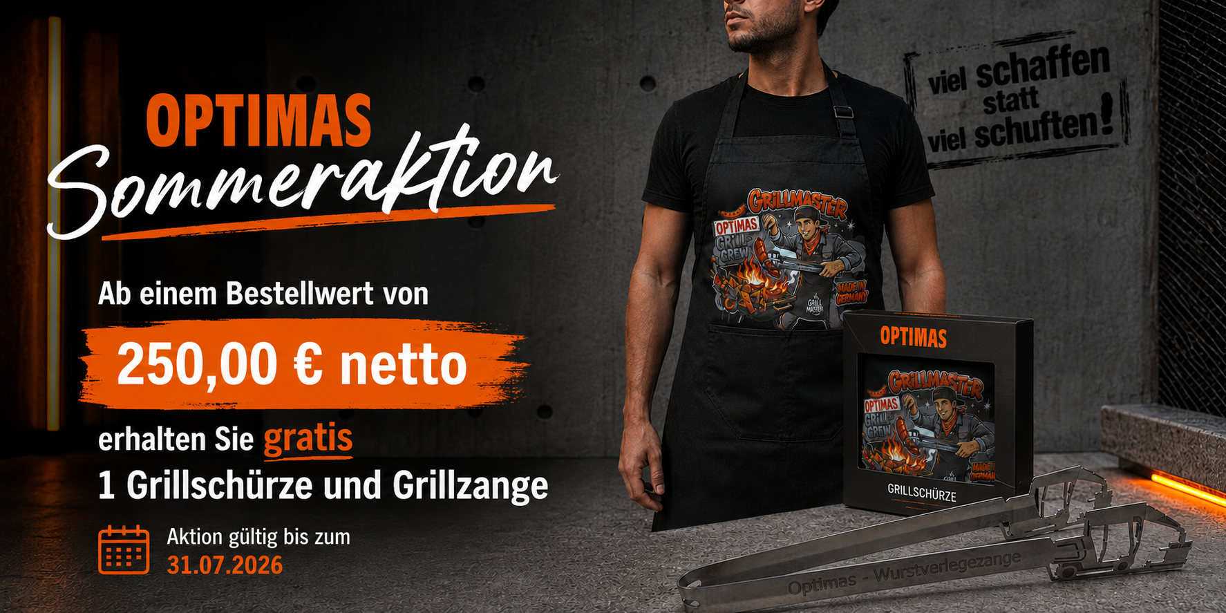 Promotional image for OPTIMAS summer campaign featuring grill apron and tongs. Offer valid until 31.07.2026 – Optimas.